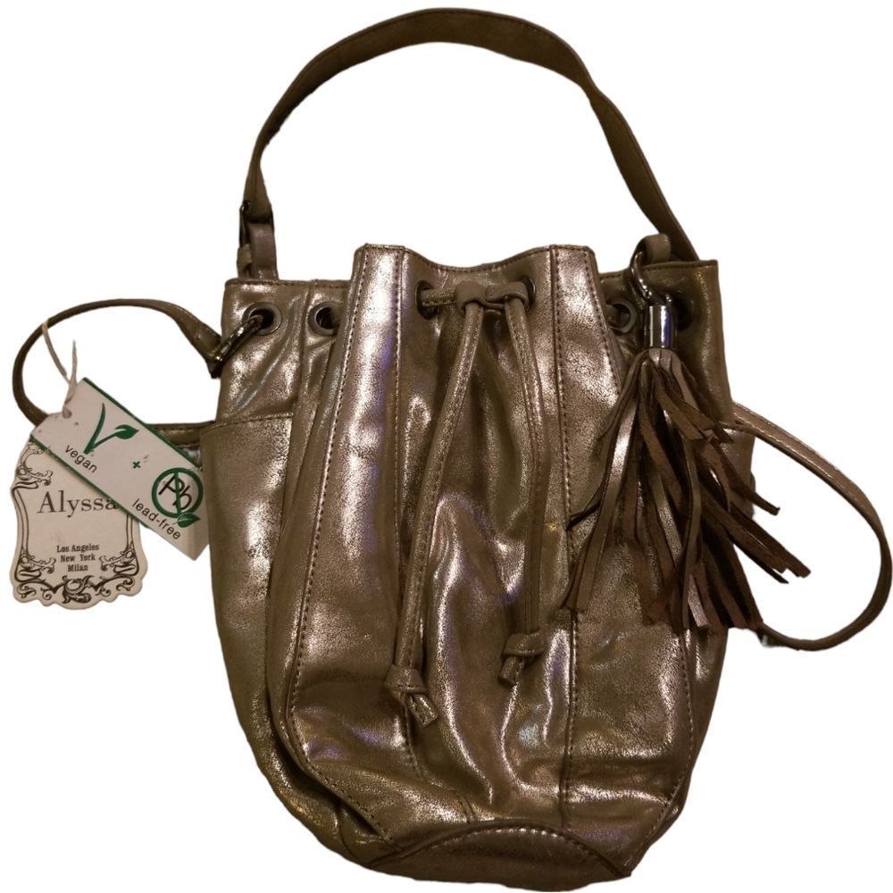 Shimmering Crossbody Bucket Bag With Fringe and Drawstring Vegan Material